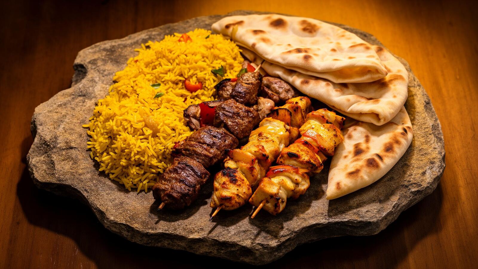 Charcoal-grilled kebabs and saffron rice